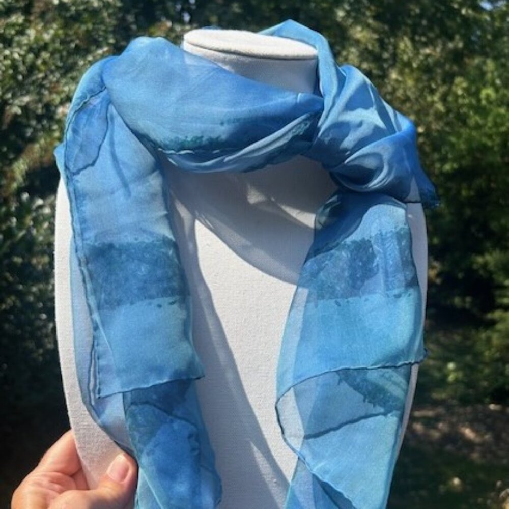 SALVATORE FERRAGAMO Italy 100% Silk Blue Sheer Daffodil Long SCARF
